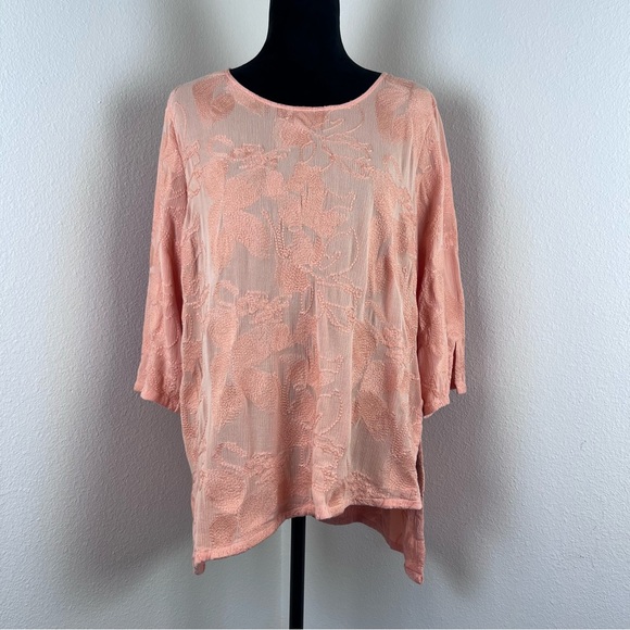 Soft Surroundings Shirt Womens Large Peach Cecile Floral Embroidery Boho - Picture 11 of 12